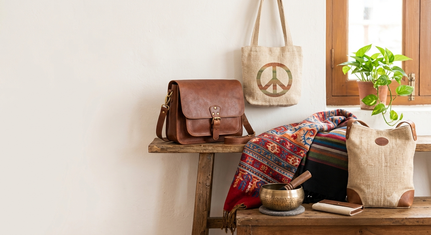A styled bench of BagsNepal products